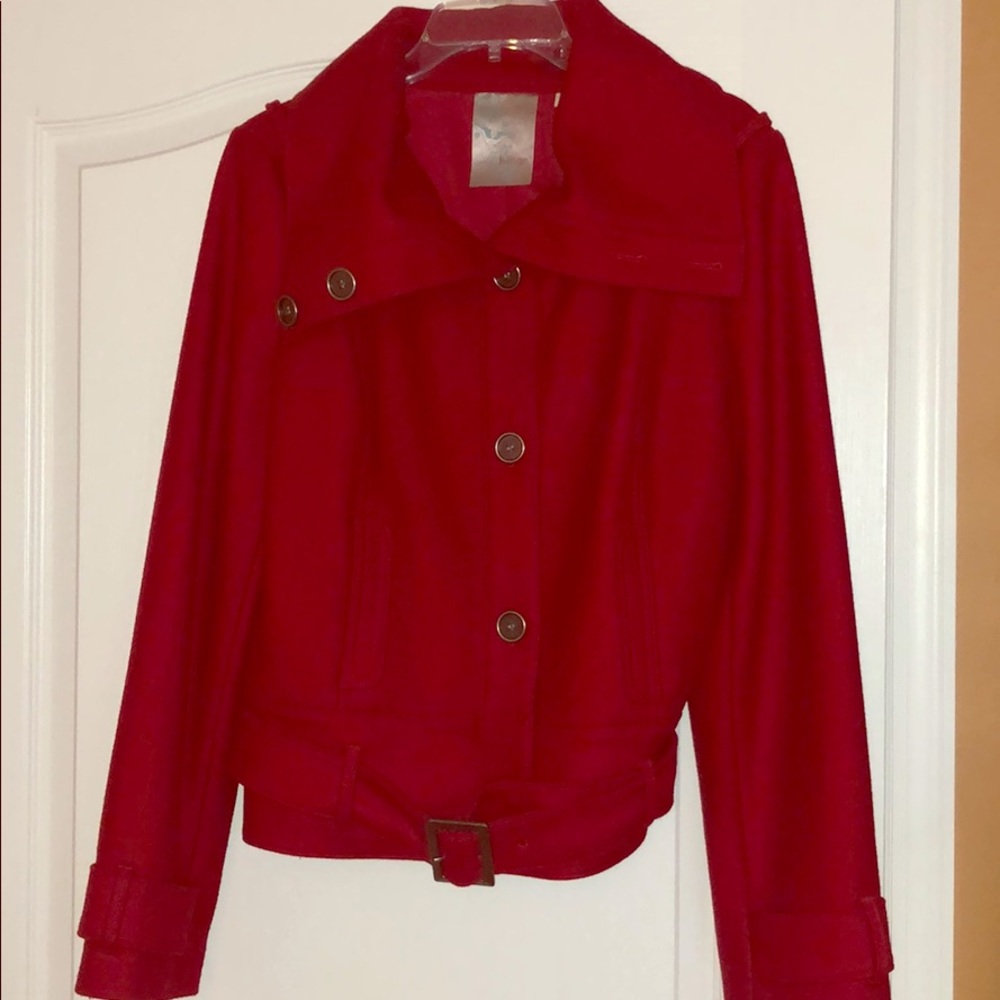 Red wool jacket.